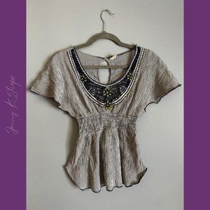 Free People | Cute Navy & White Stripe Shirt w/ Floral Embroider Neck | Size: 0